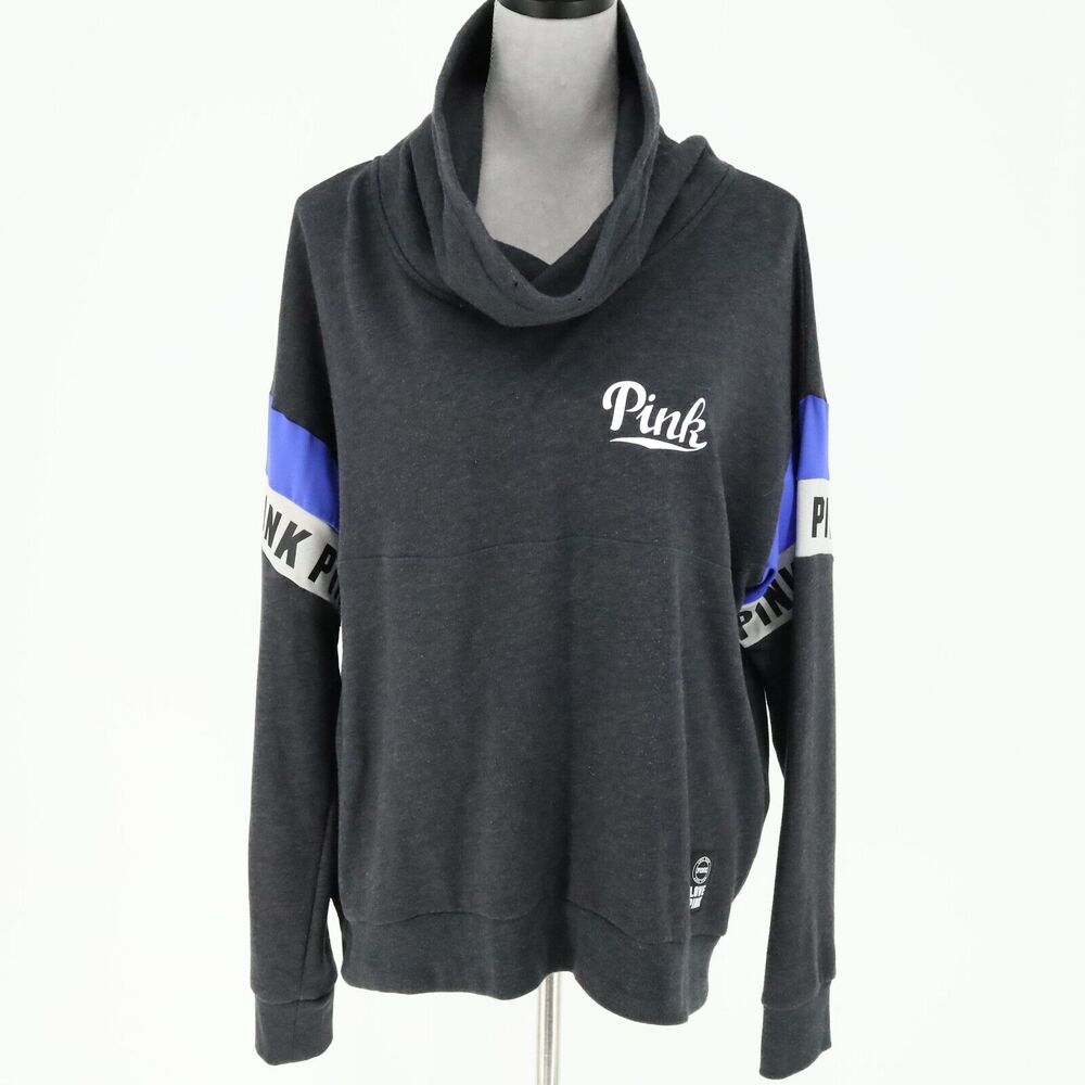 Victoria's Secret PINK Charcoal Gray Funnel Neck Sweatshirt with Blue Accents